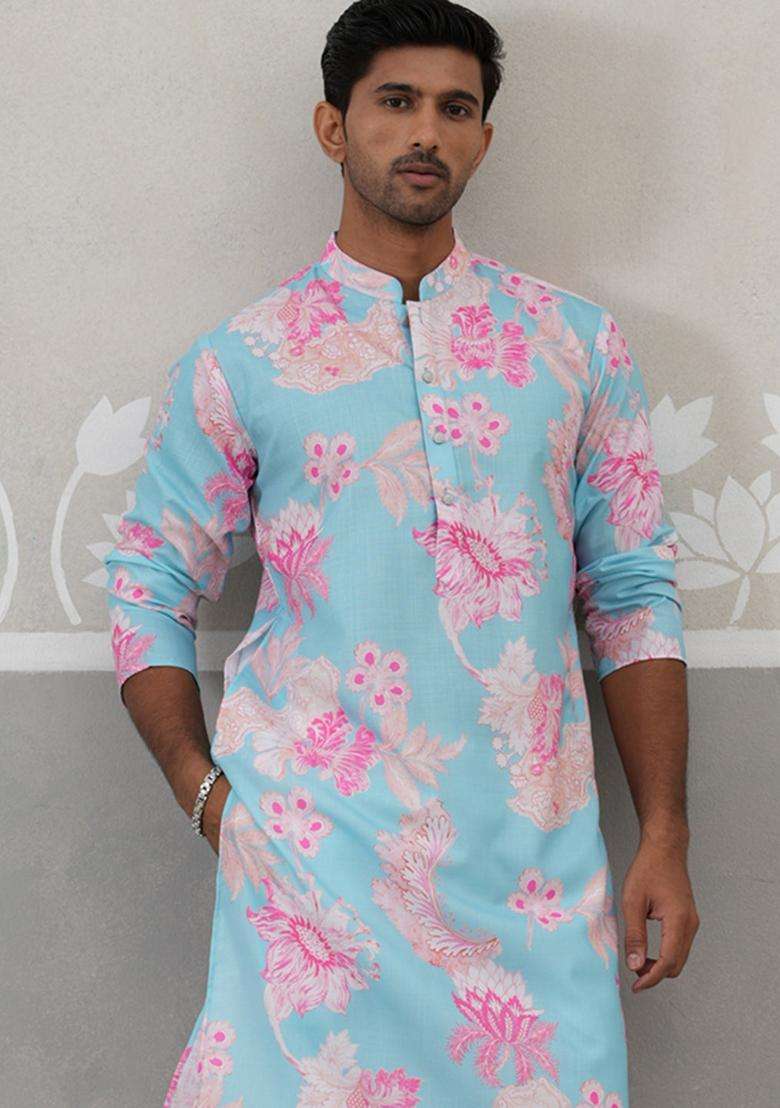 Sky Blue Printed Cotton Kurta Pyjama Set For Men - Indya