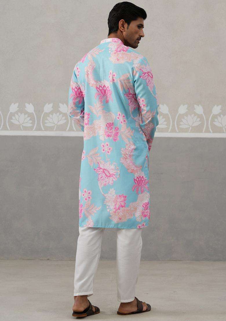 Sky Blue Printed Cotton Kurta Pyjama Set For Men - Indya