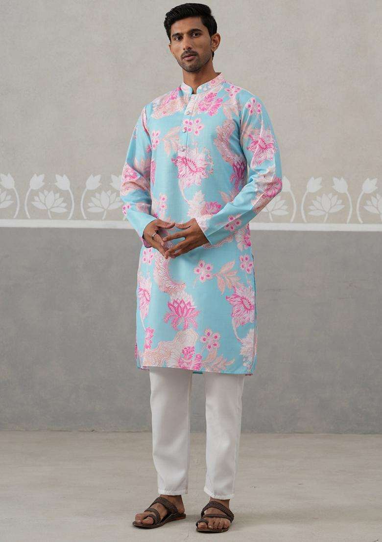 Sky Blue Printed Cotton Kurta Pyjama Set For Men - Indya