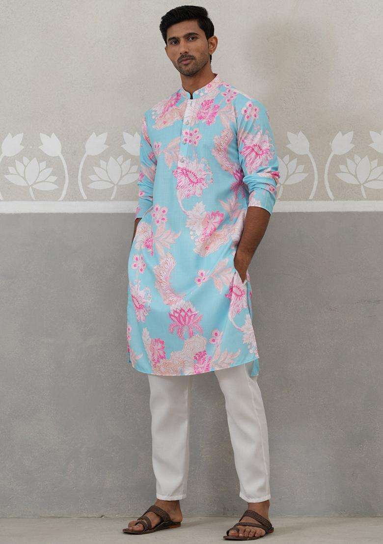 Sky Blue Printed Cotton Kurta Pyjama Set For Men - Indya