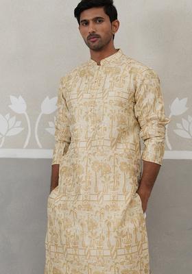 Golden Self Design Silk Blend Kurta Pyjama Set For Men