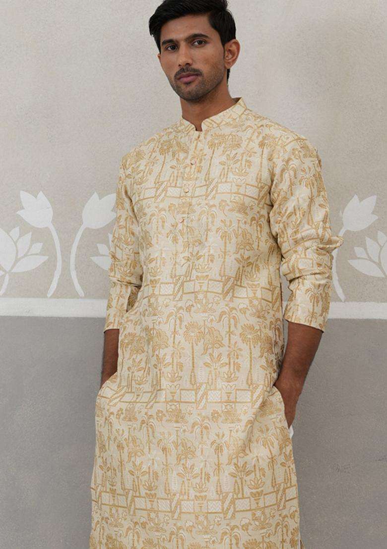 Golden Self Design Silk Blend Kurta Pyjama Set For Men - Indya