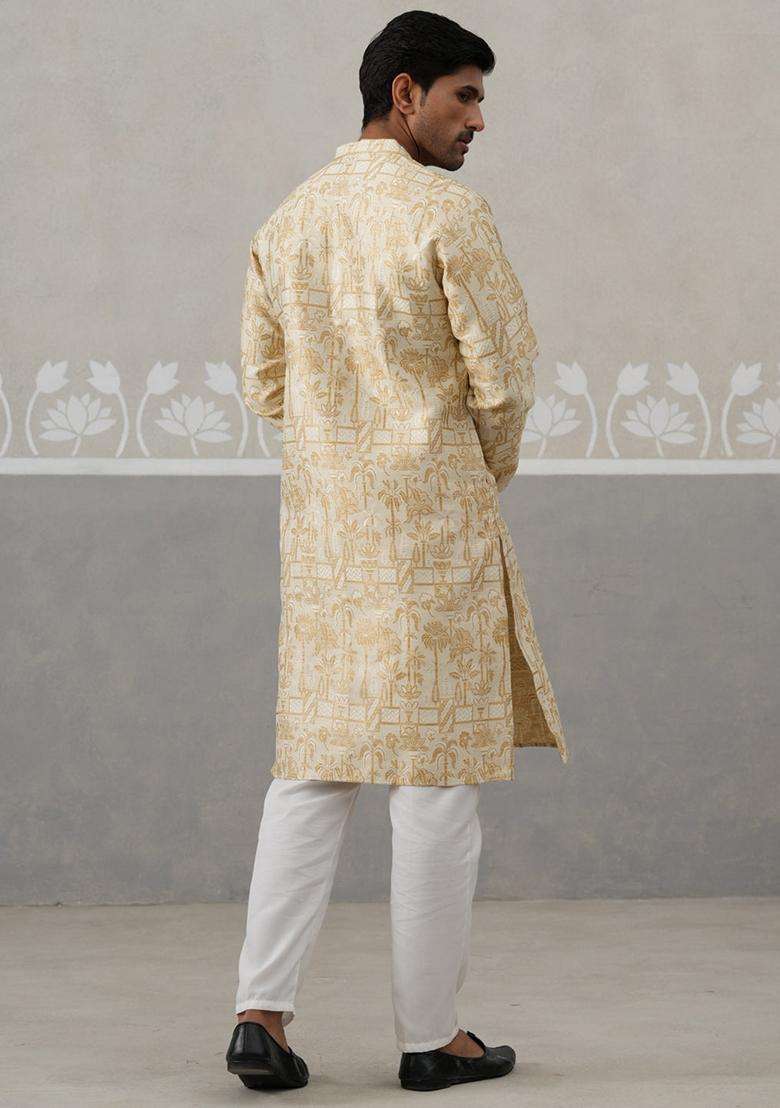 Golden Self Design Silk Blend Kurta Pyjama Set For Men - Indya