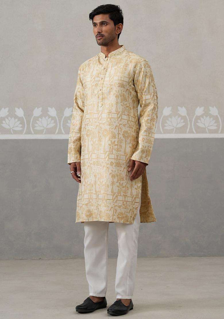 Golden Self Design Silk Blend Kurta Pyjama Set For Men - Indya