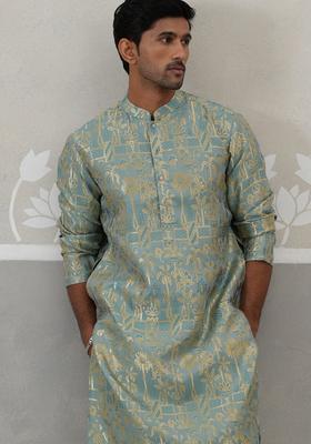 Green Self Design Silk Blend Kurta Pyjama Set For Men