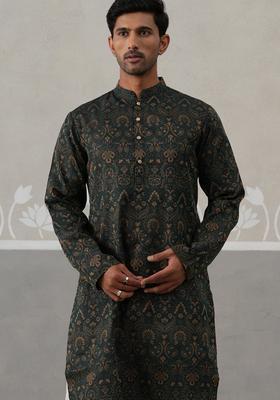 Olive Self Design Silk Kurta Pyjama Set For Men