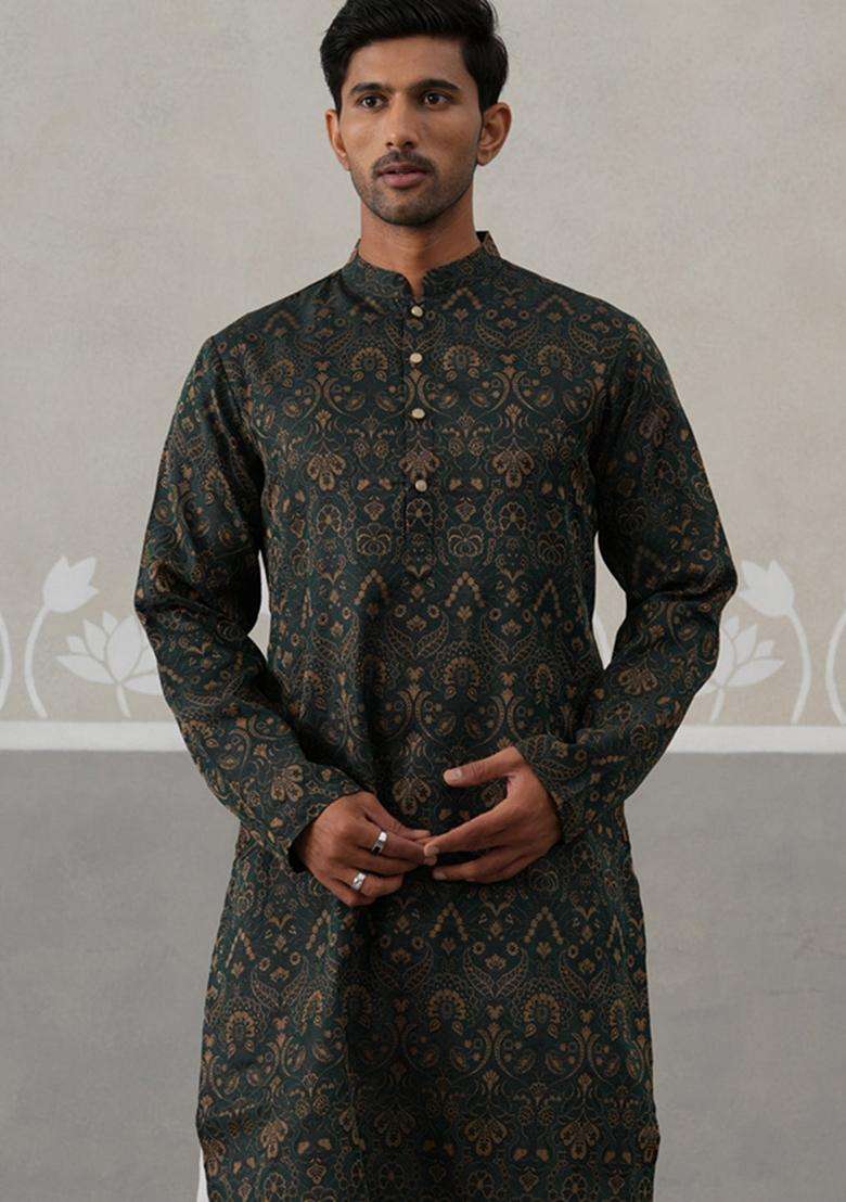 Olive Self Design Silk Blend Kurta Pyjama Set For Men - Indya