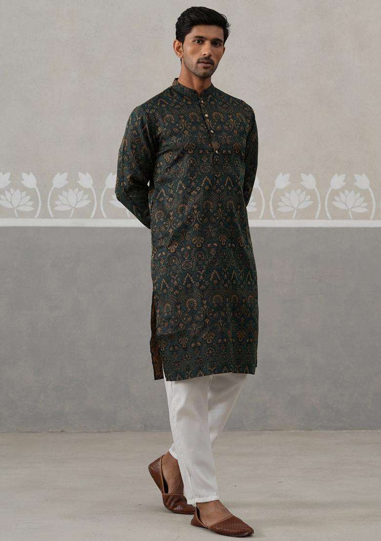 Olive Self Design Silk Blend Kurta Pyjama Set For Men - Indya