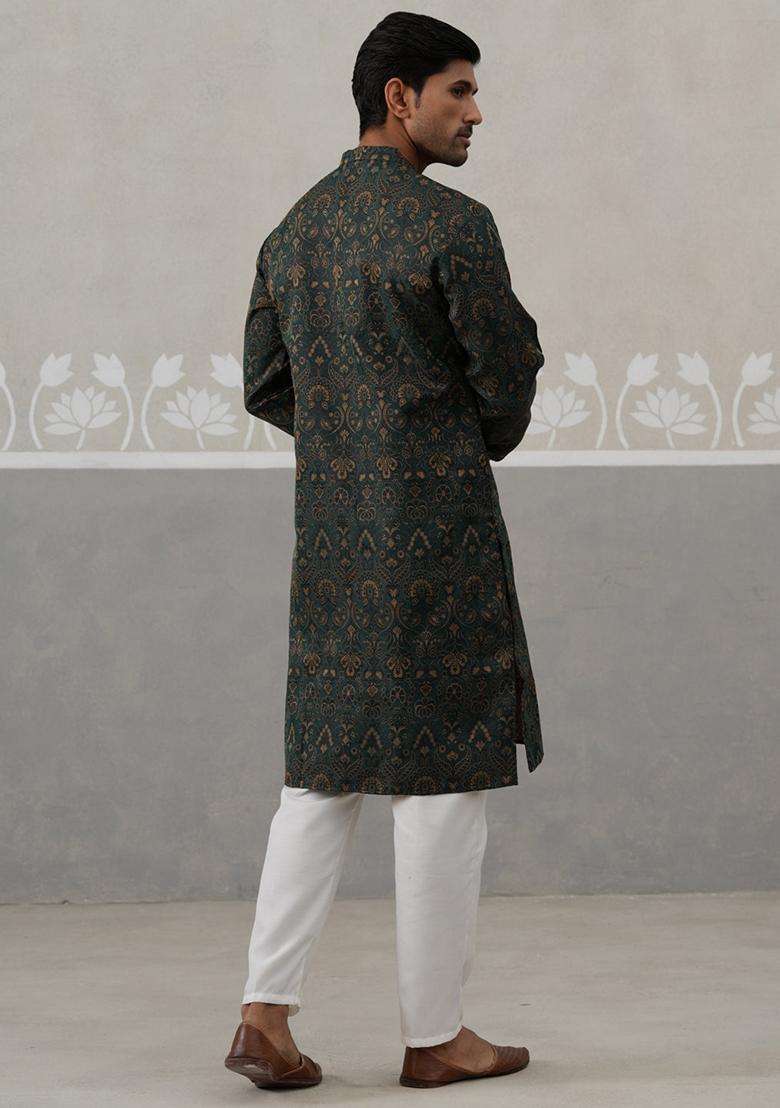Olive Self Design Silk Blend Kurta Pyjama Set For Men - Indya