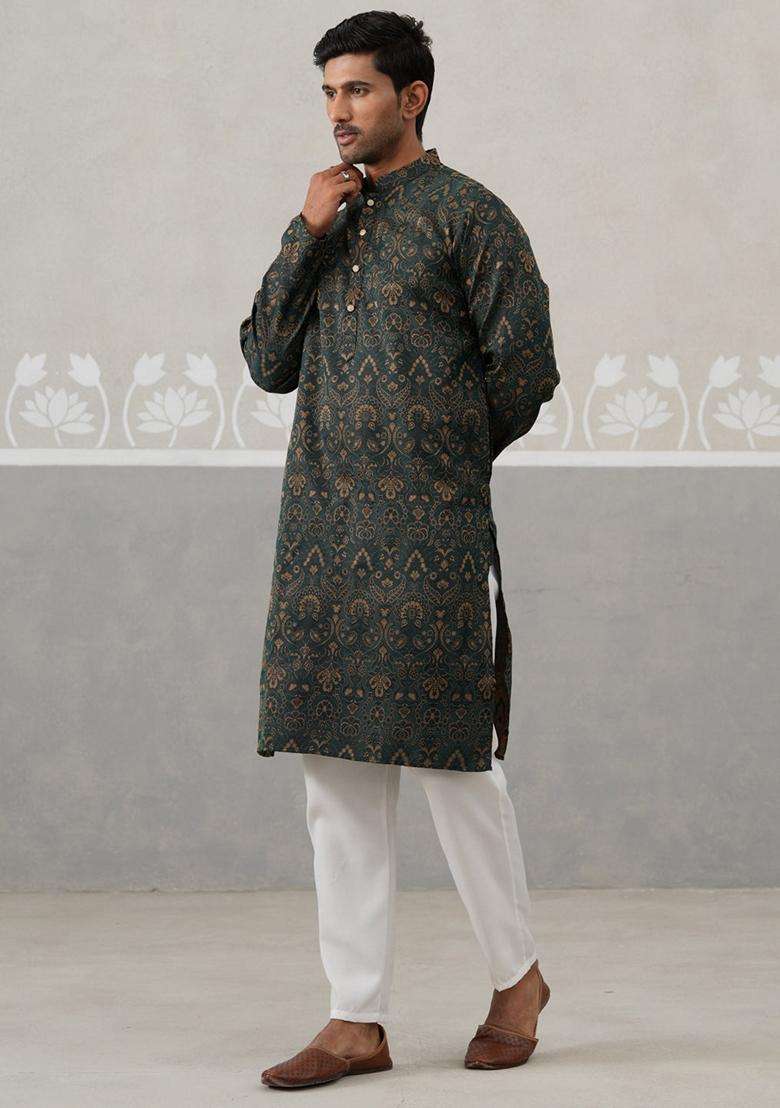 Olive Self Design Silk Blend Kurta Pyjama Set For Men - Indya