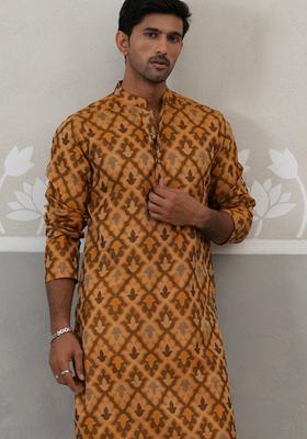 Mustard Self Design Silk Kurta Pyjama Set For Men