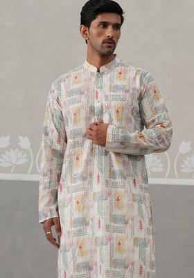 White Embroidery Cotton Kurta Pyjama Set For Men