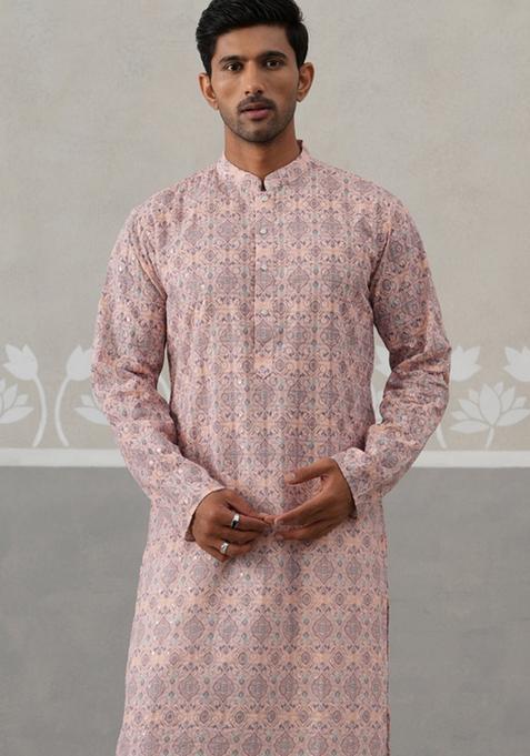 Peach Embroidery Cotton Kurta Pyjama Set For Men