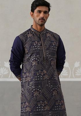 Navy Blue Embroidery Silk Kurta Pyjama Set For Men