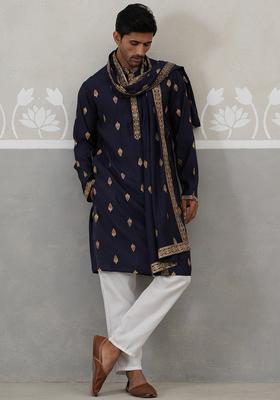 Navy Blue Embroidery Silk Kurta Pyjama Set For Men