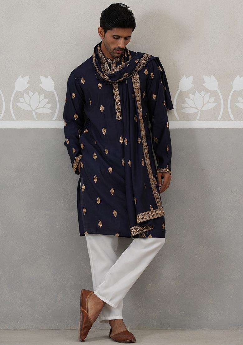 Navy Blue Embroidery Silk Kurta Pyjama Set For Men - Indya
