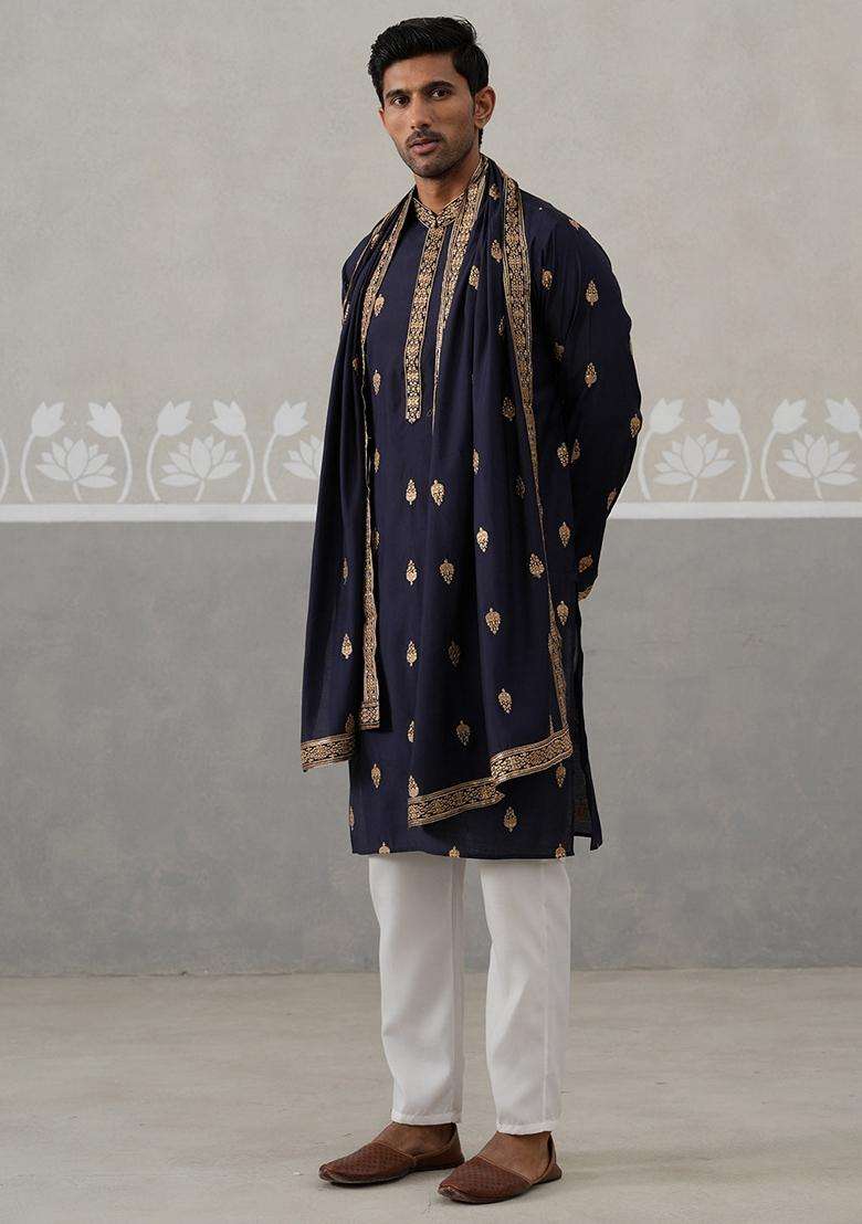 Navy Blue Embroidery Silk Kurta Pyjama Set For Men - Indya