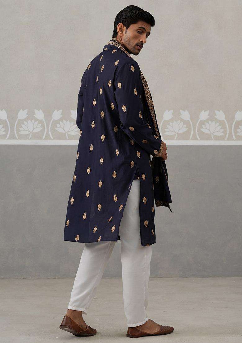 Navy Blue Embroidery Silk Kurta Pyjama Set For Men - Indya