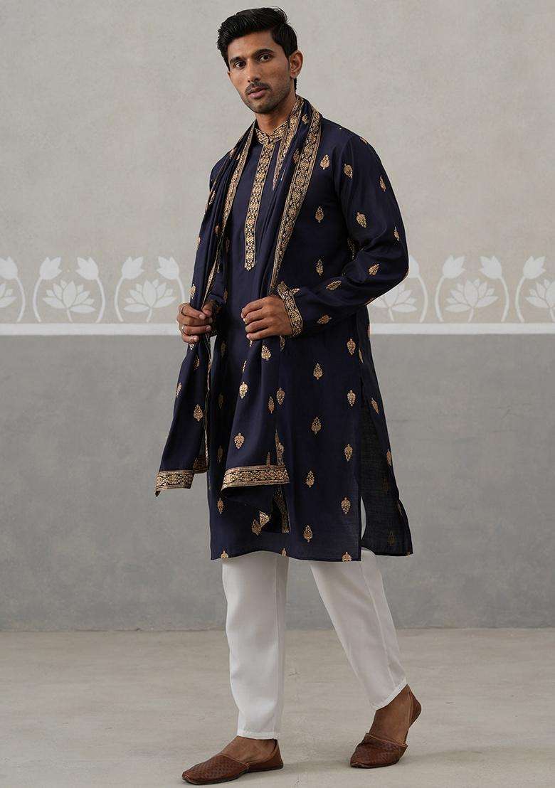 Navy Blue Embroidery Silk Kurta Pyjama Set For Men - Indya