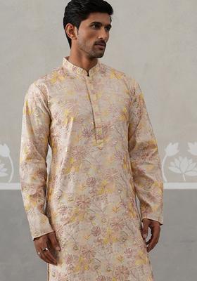 Cream Embroidery Silk Blend Kurta Pyjama Set For Men