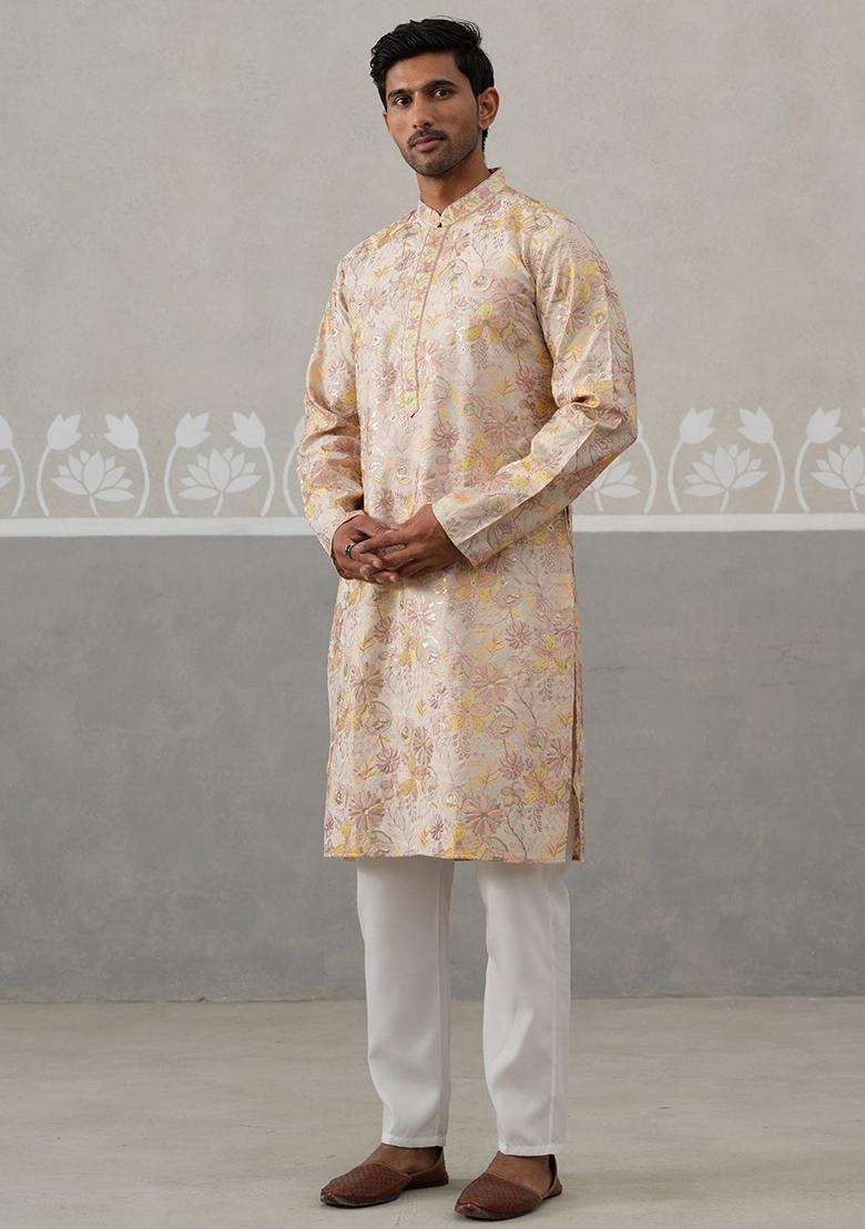 Cream Embroidery Silk Blend Kurta Pyjama Set For Men - Indya