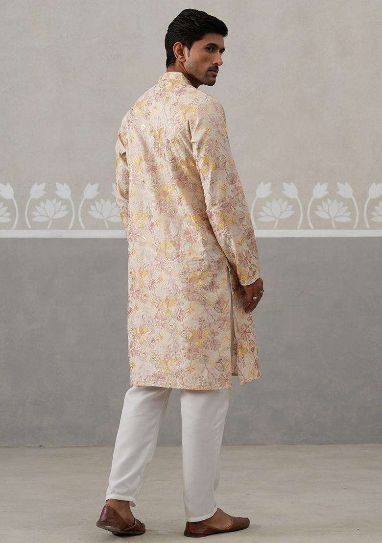 Cream Embroidery Silk Blend Kurta Pyjama Set For Men - Indya