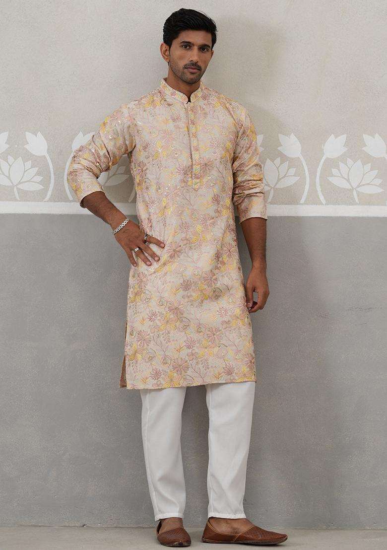 Cream Embroidery Silk Blend Kurta Pyjama Set For Men - Indya