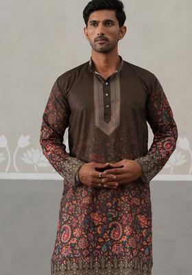 Olive Printed Cotton Kurta For Men