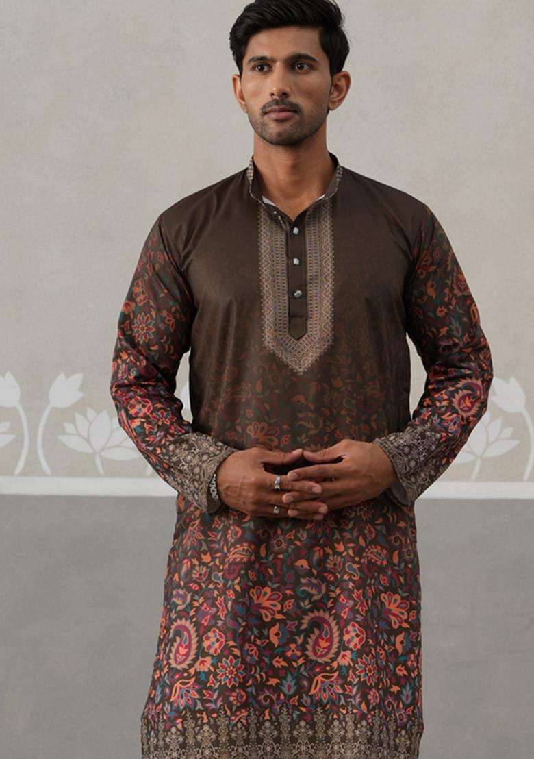 Olive Printed Cotton Kurta For Men - Indya