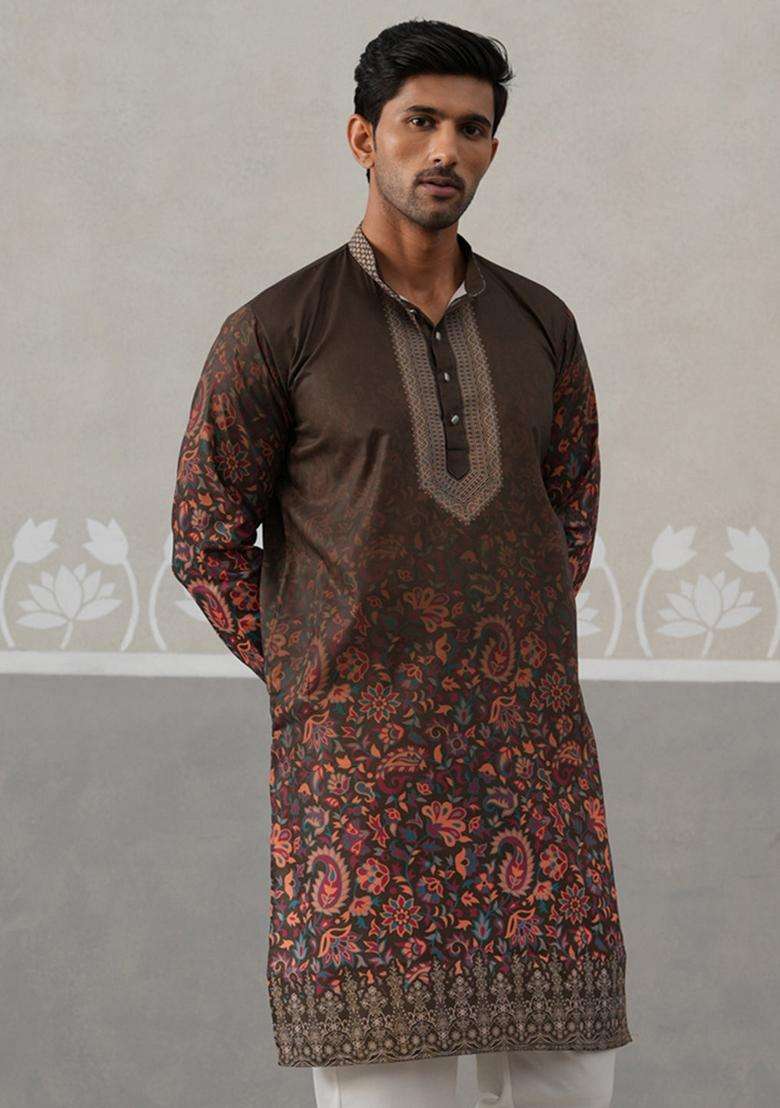 Olive Printed Cotton Kurta For Men - Indya