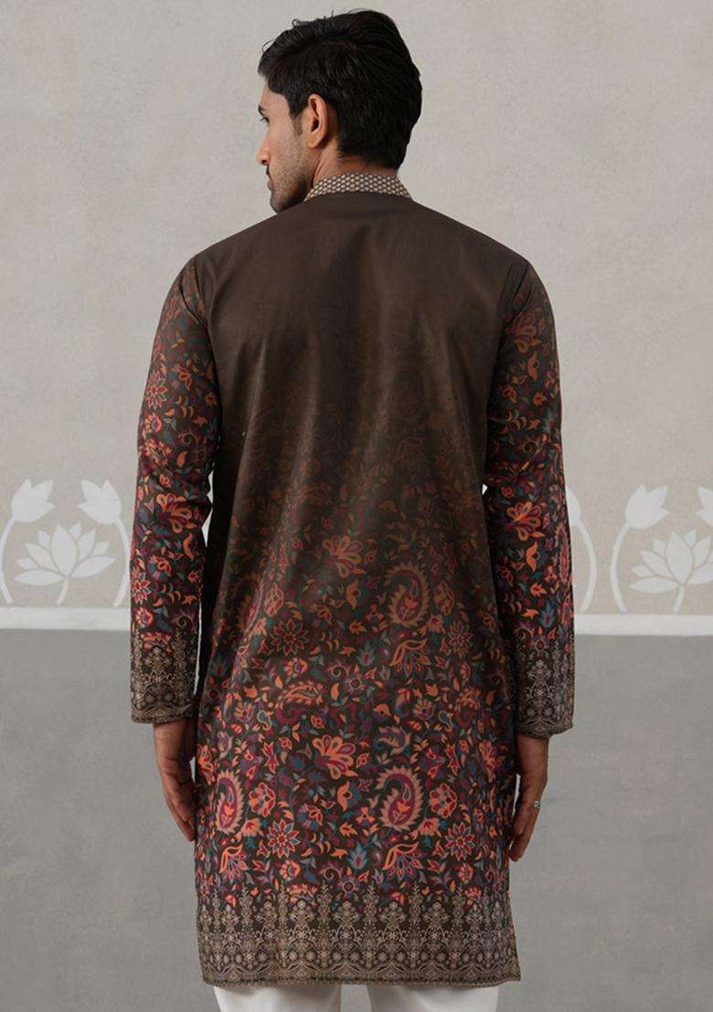Olive Printed Cotton Kurta For Men - Indya