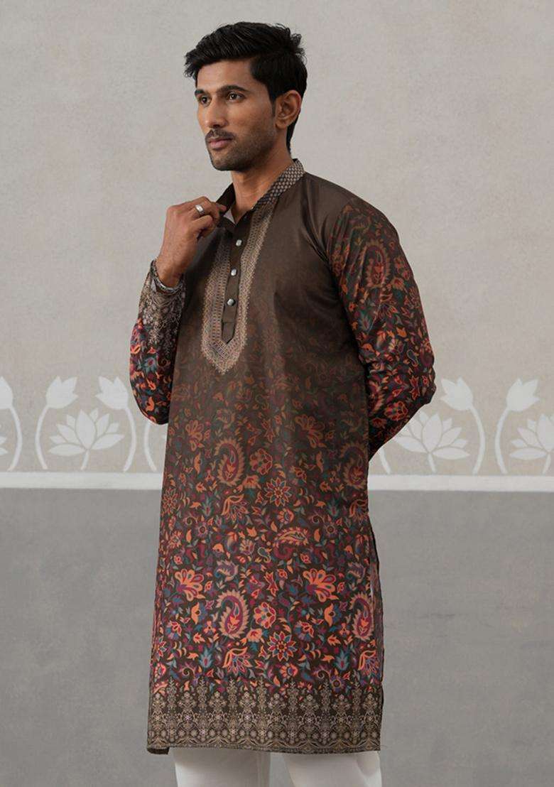 Olive Printed Cotton Kurta For Men - Indya