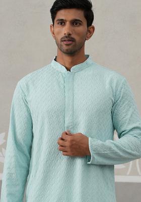 Sky Blue Embroidery Cotton Kurta For Men