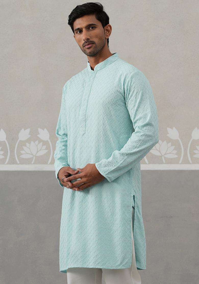 Sky Blue Embroidery Cotton Kurta For Men - Indya