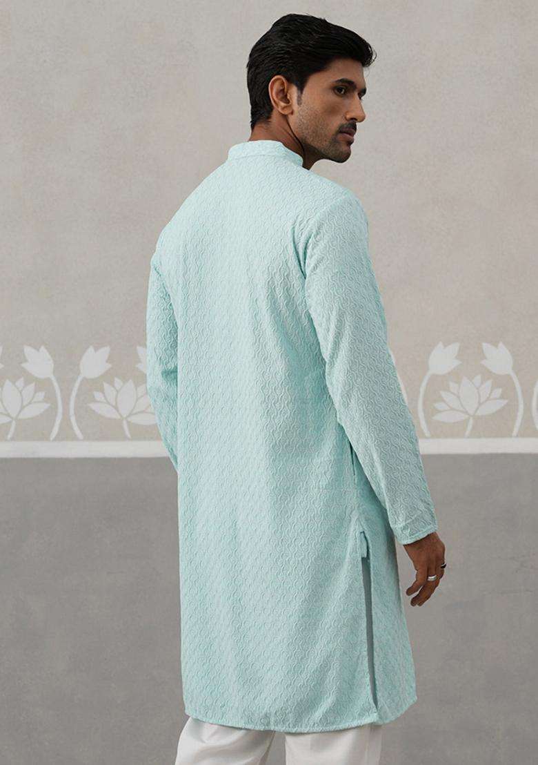 Sky Blue Embroidery Cotton Kurta For Men - Indya