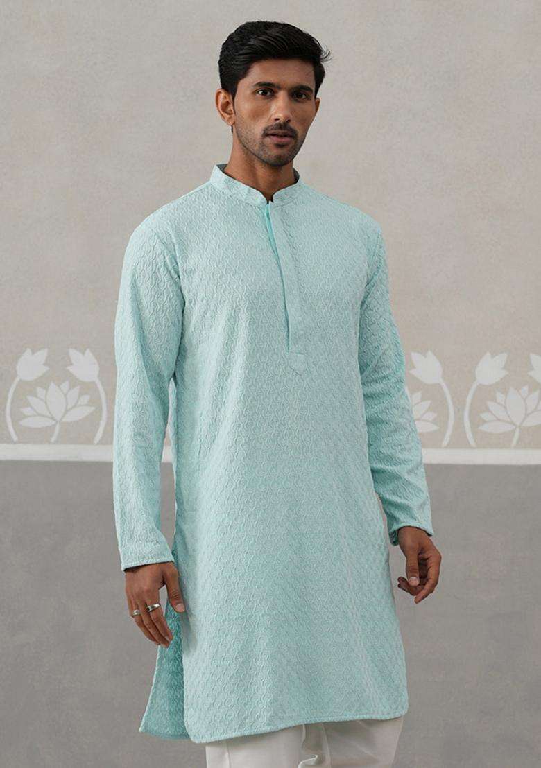 Sky Blue Embroidery Cotton Kurta For Men - Indya