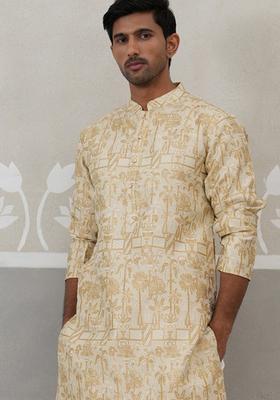 Golden Woven Design Silk Blend Kurta For Men