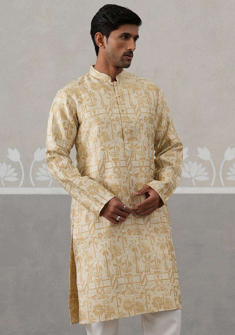 Golden Woven Design Silk Blend Kurta For Men - Indya