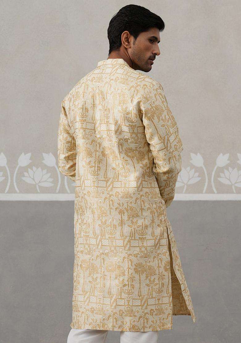 Golden Woven Design Silk Blend Kurta For Men - Indya