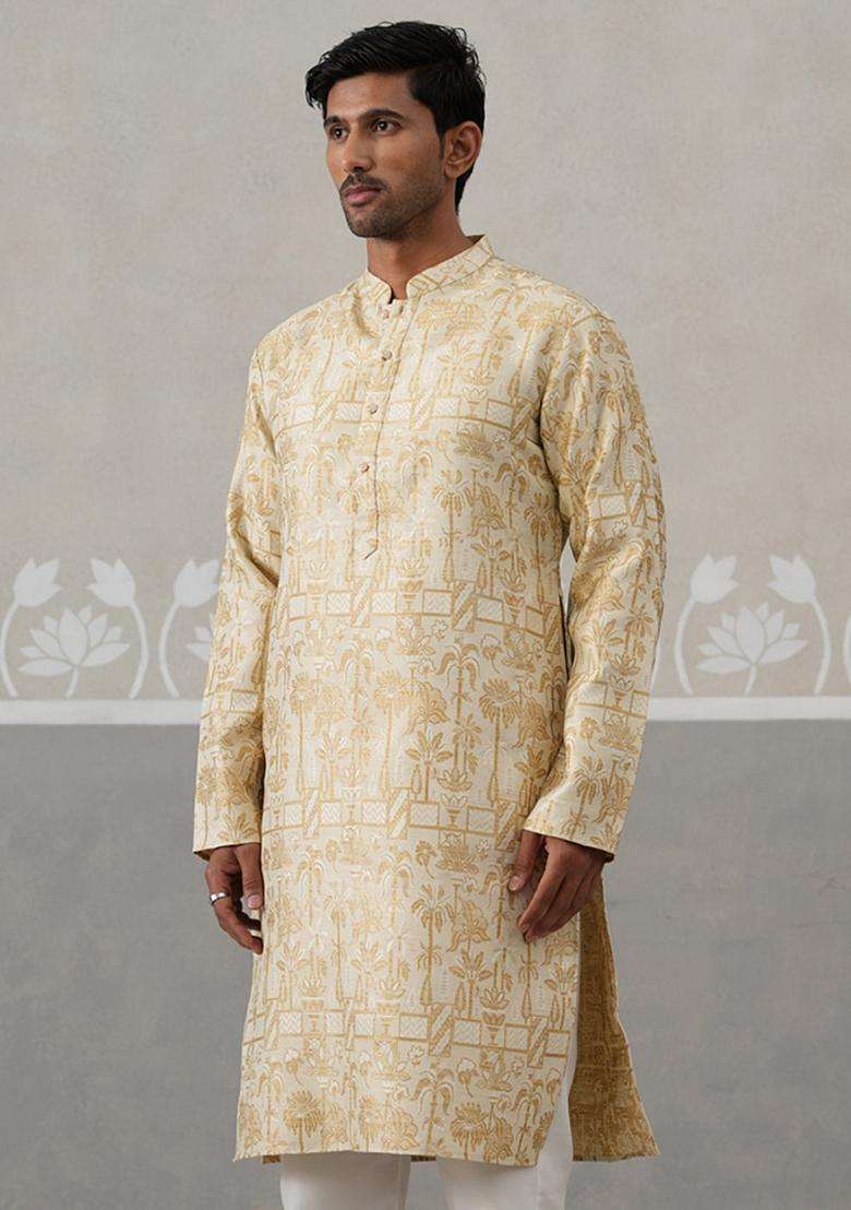 Golden Woven Design Silk Blend Kurta For Men - Indya