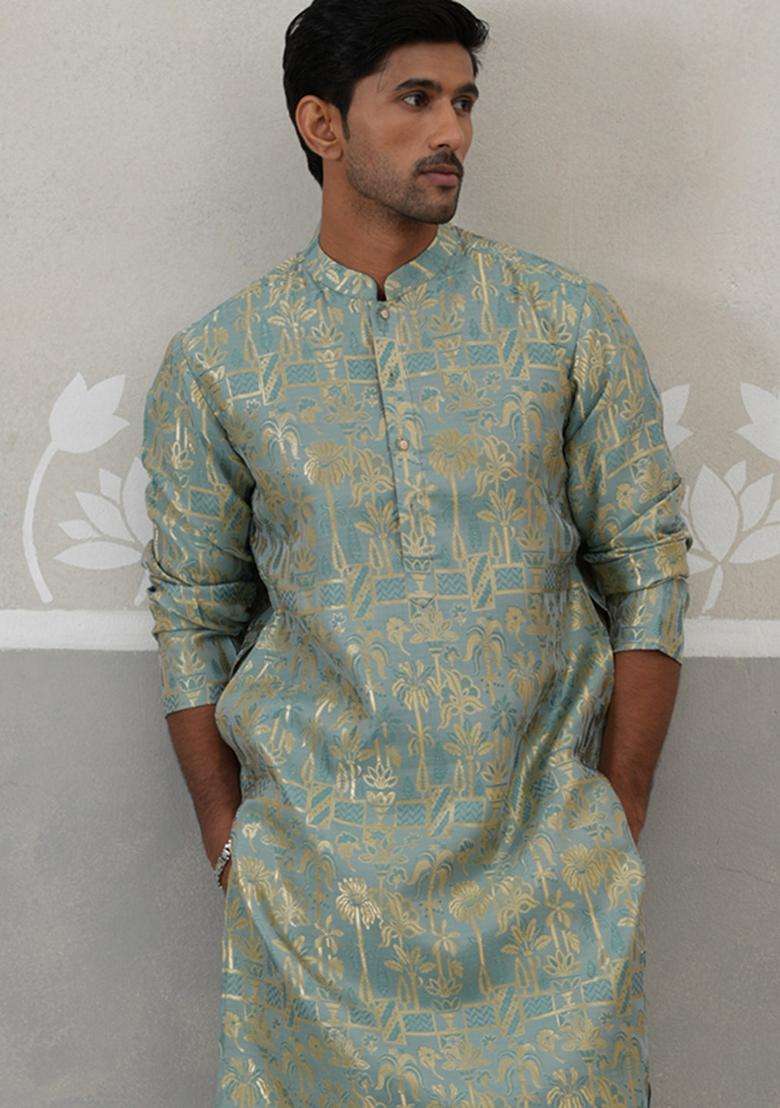 Green Woven Design Silk Blend Kurta For Men - Indya