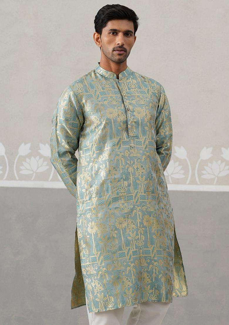 Green Woven Design Silk Blend Kurta For Men - Indya