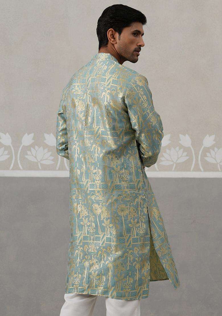 Green Woven Design Silk Blend Kurta For Men - Indya