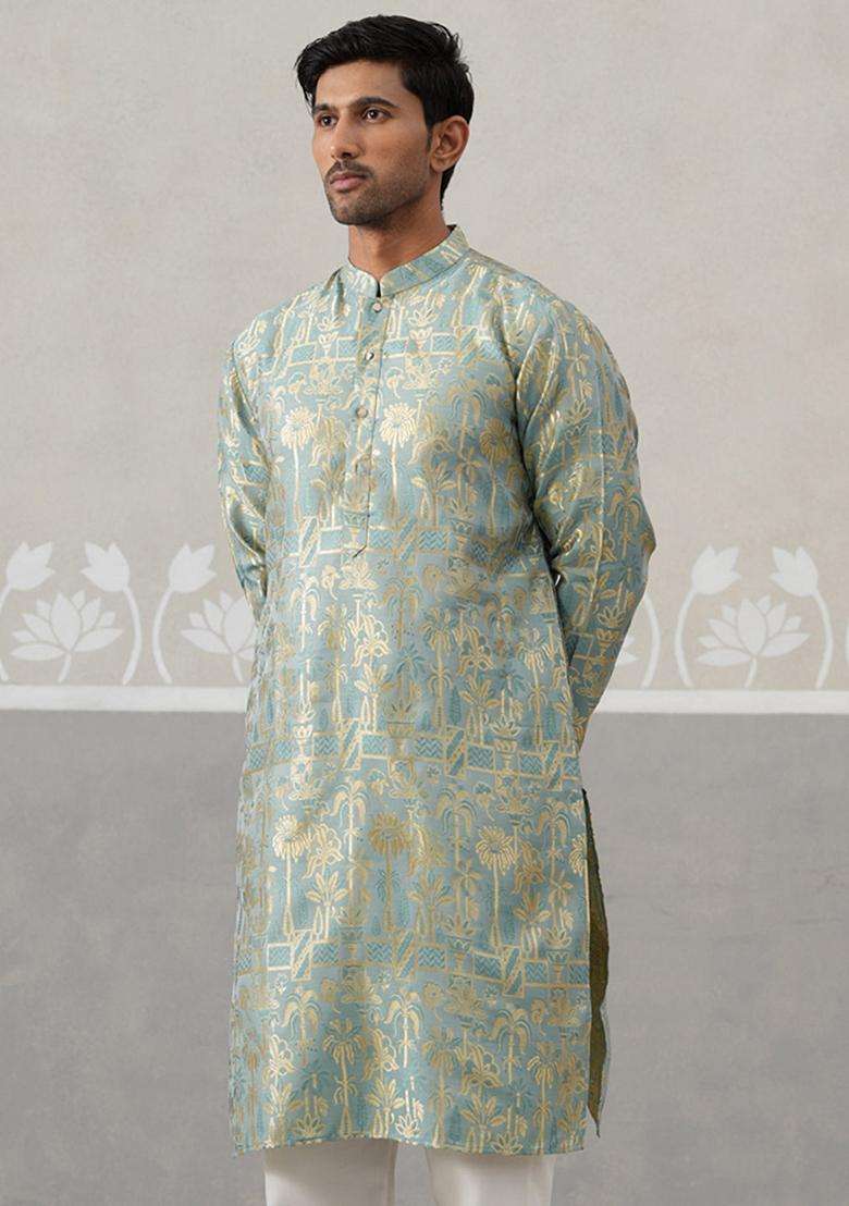 Green Woven Design Silk Blend Kurta For Men - Indya