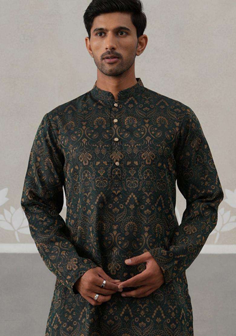 Olive Woven Design Silk Blend Kurta For Men - Indya