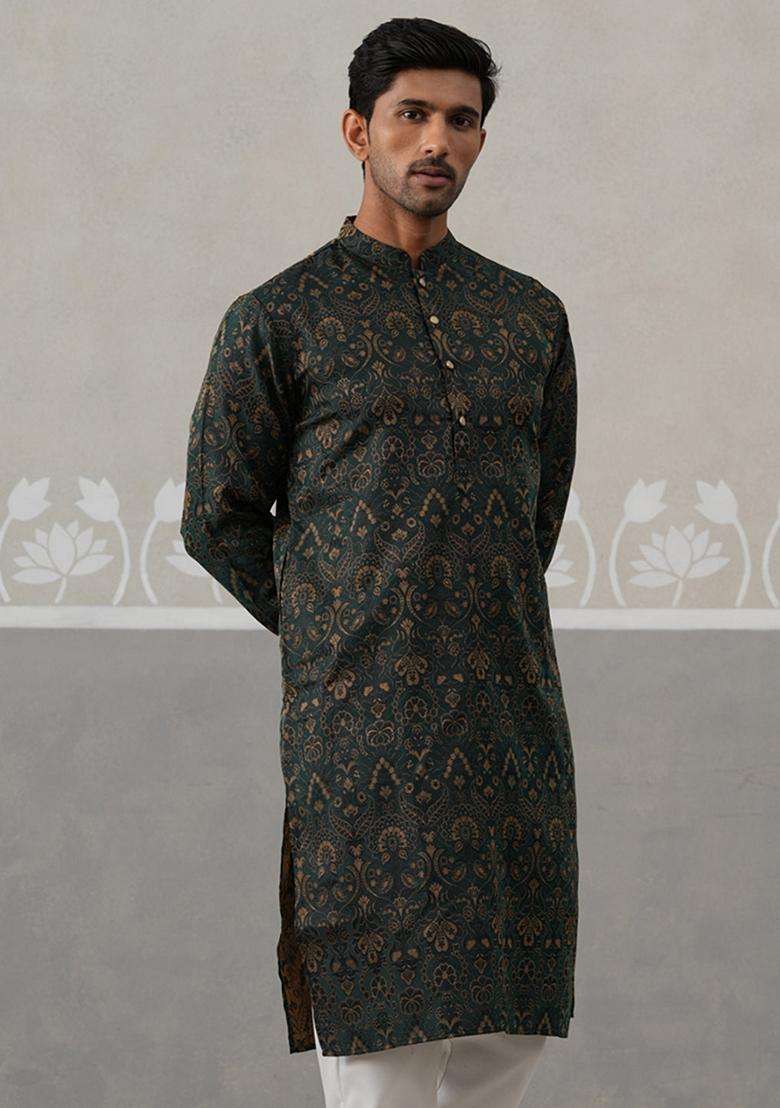 Olive Woven Design Silk Blend Kurta For Men - Indya