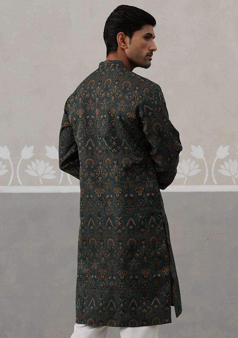 Olive Woven Design Silk Blend Kurta For Men - Indya