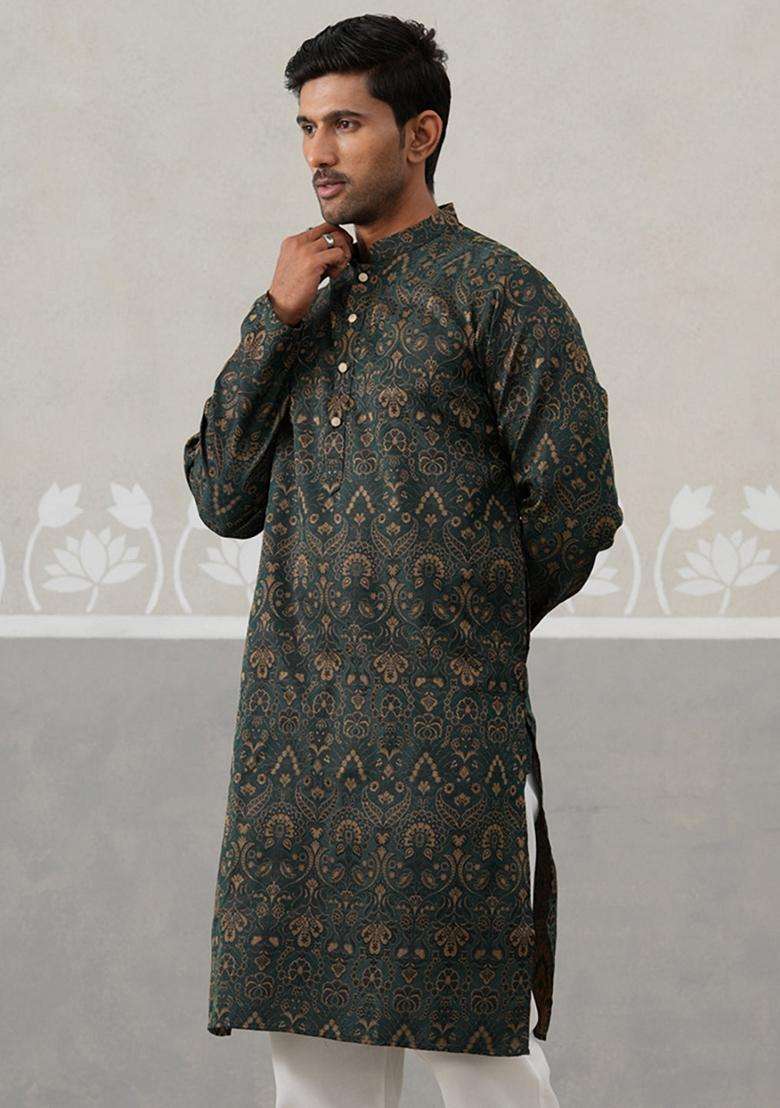 Olive Woven Design Silk Blend Kurta For Men - Indya