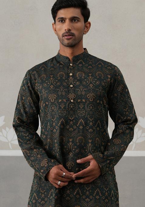 Olive Woven Design Silk Kurta For Men