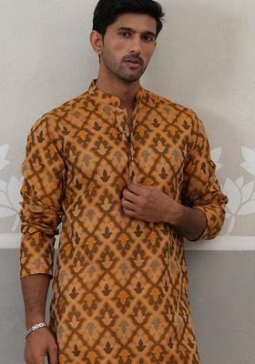 Mustard Woven Design Silk Kurta For Men